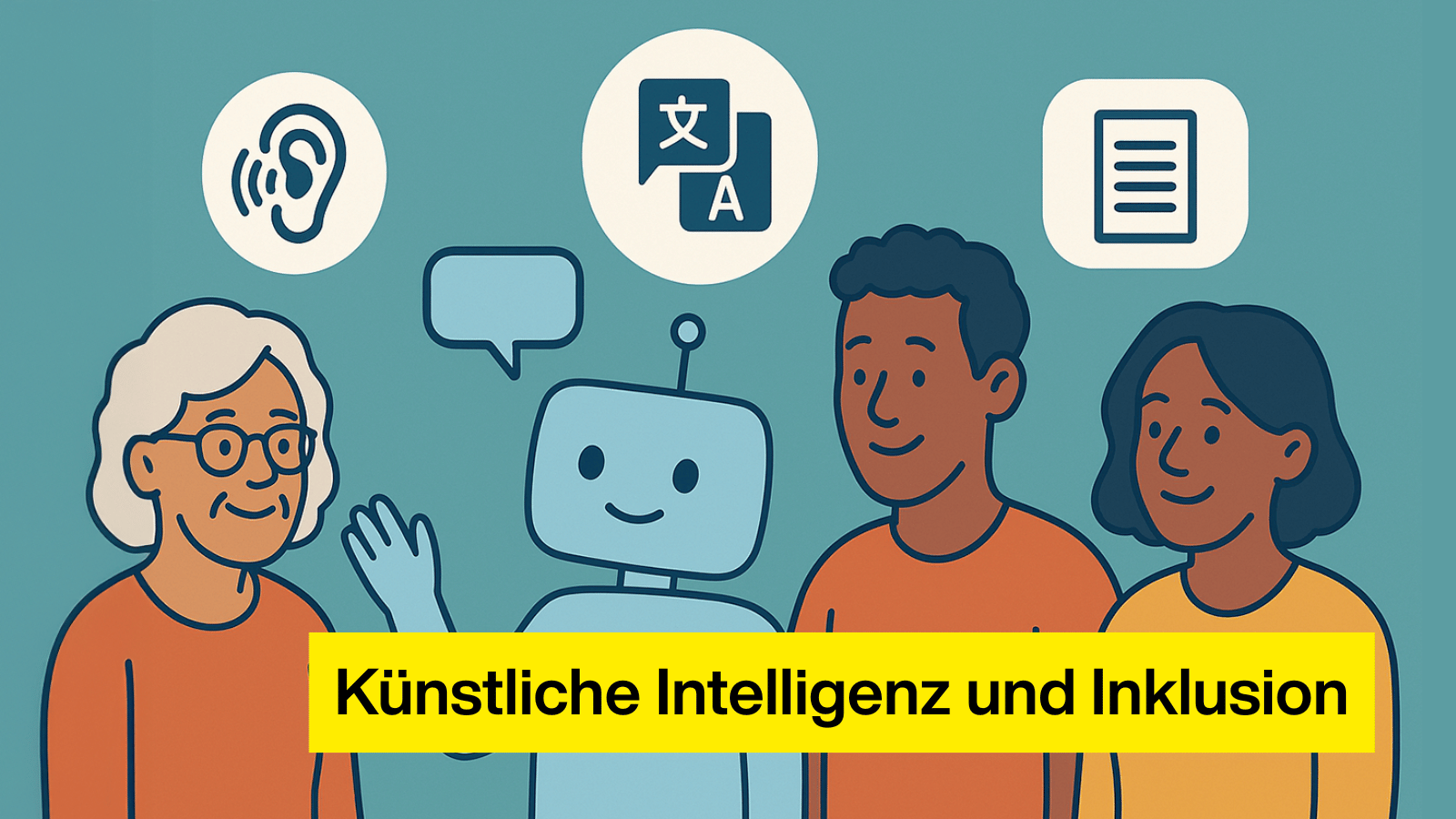Illustration mit einem lächelnden Roboter in der Mitte, umgeben von drei diversen Menschen unterschiedlichen Alters und Hautfarbe. Über ihnen schweben Symbole für Hörunterstützung, Übersetzung, einfache Sprache und Text. Das Bild vermittelt inklusive Teilhabe durch KI.