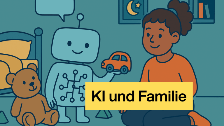 llustration im Flat-Design: In einem Kinderzimmer sitzt ein Mädchen mit dunkler Haut und lockigem Haar im Schneidersitz auf dem Boden. Neben ihr steht ein lächelnder Roboter mit einem Schaltkreissymbol auf der Brust, der ein Spielzeugauto in der Hand hält. Links im Bild sind ein Teddy, ein Bett mit gelber Decke und Bauklötze zu sehen. An der Wand hängen ein Mond-und-Stern-Bild und ein Regal. Die Szene wirkt freundlich und zeigt den spielerischen Einsatz von KI im Alltag von Kindern.