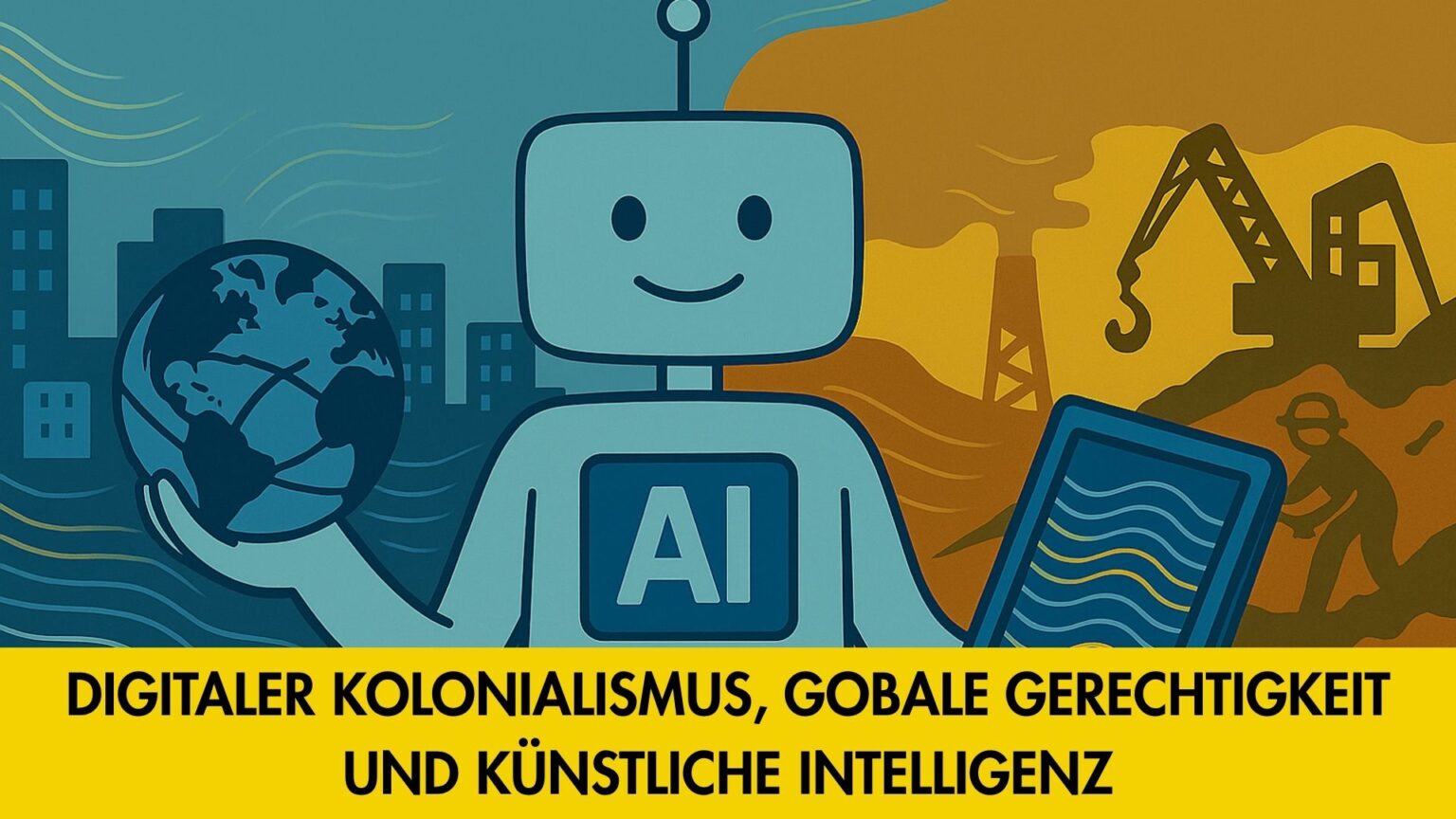 Links im Bild ein stilisierter, blauer Roboter mit einem freundlichen Gesicht; in der linken Hand hält er eine Weltkugel, in der rechten ein Tablet mit Wellenlinien. Im Hintergrund links sind Gebäude zu sehen, rechts eine Landschaft mit Industrieanlagen, Baukran, Förderturm und einer arbeitenden Person. Der untere Bildrand zeigt einen gelben Balken mit schwarzem Text: „Digitaler Kolonialismus, globale Gerechtigkeit und künstliche Intelligenz“.