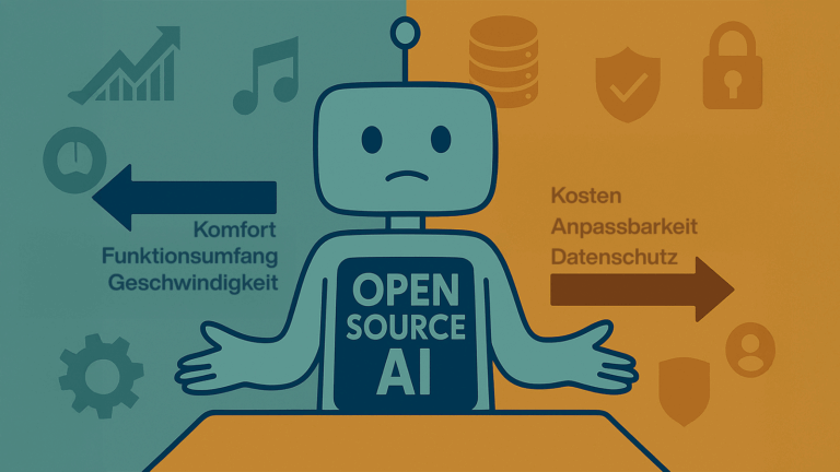 Eine stilisierte Roboterfigur mit dem Schriftzug „Open Source AI“ steht zwischen zwei farblich getrennten Bereichen, die Vor- und Nachteile gegenüberstellen.