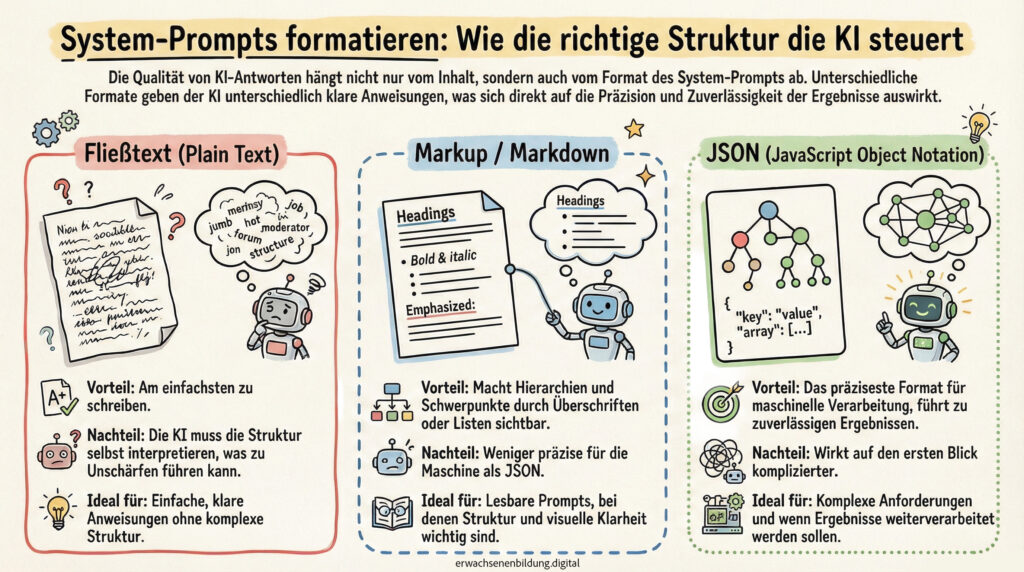Infografik: Vergleich von Fließtext, Markup/Markdown und JSON als Formate für KI-System-Prompts – mit Vor- und Nachteilen sowie idealen Einsatzbereichen.