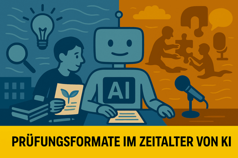Das Bild zeigt einen Roboter in der Mitte, der zusammen mit einer Person am Tisch sitzt. Links sieht man Symbole wie eine Lupe, eine Glühbirne, Bücher und ein Blatt mit einer Pflanze – sie stehen für Lernen, Denken und Wissen. Rechts setzen mehrere Personen ein Puzzle zusammen, daneben sind ein Fragezeichen und ein Mikrofon zu sehen – sie stehen für gemeinsames Arbeiten, Gespräche und mündliche Prüfungen. Unten im gelben Balken steht der Titel: „Prüfungsformate im Zeitalter von KI“.