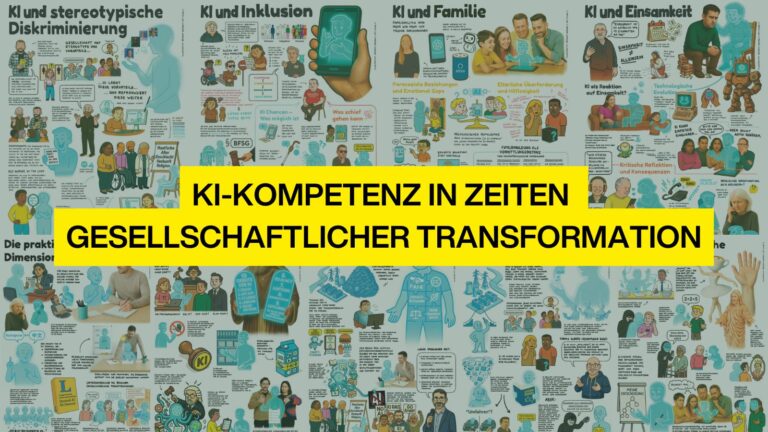 Infografik mit Comic-Illustrationen zum Thema „KI-Kompetenz in Zeiten gesellschaftlicher Transformation“ – verschiedene Aspekte wie Diskriminierung, Inklusion, Familie und Einsamkeit werden visualisiert.