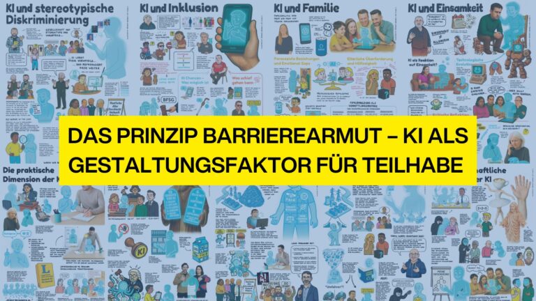 Infografik mit Comic-Illustrationen zum Thema „Das Prinzip Barrierearmut – KI als Gestaltungsfaktor für Teilhabe“.