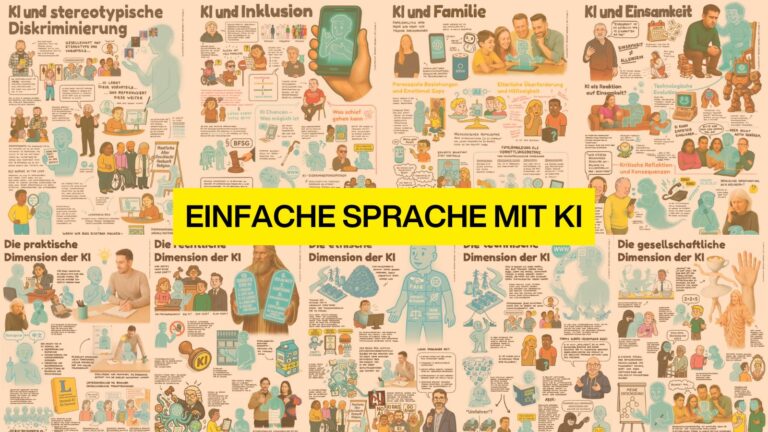 Infografik mit Comic-Illustrationen zum Thema „Einfache Sprache mit KI“ – verschiedene Dimensionen und Anwendungsbereiche werden dargestellt.