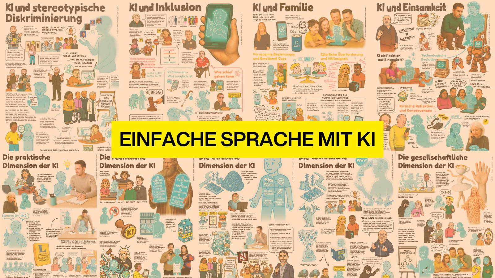 Infografik mit Comic-Illustrationen zum Thema „Einfache Sprache mit KI“ – verschiedene Dimensionen und Anwendungsbereiche werden dargestellt.