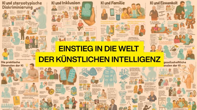 Infografik mit Comic-Illustrationen zum Thema „Einstieg in die Welt der künstlichen Intelligenz“ – verschiedene Aspekte und Anwendungen werden visualisiert.