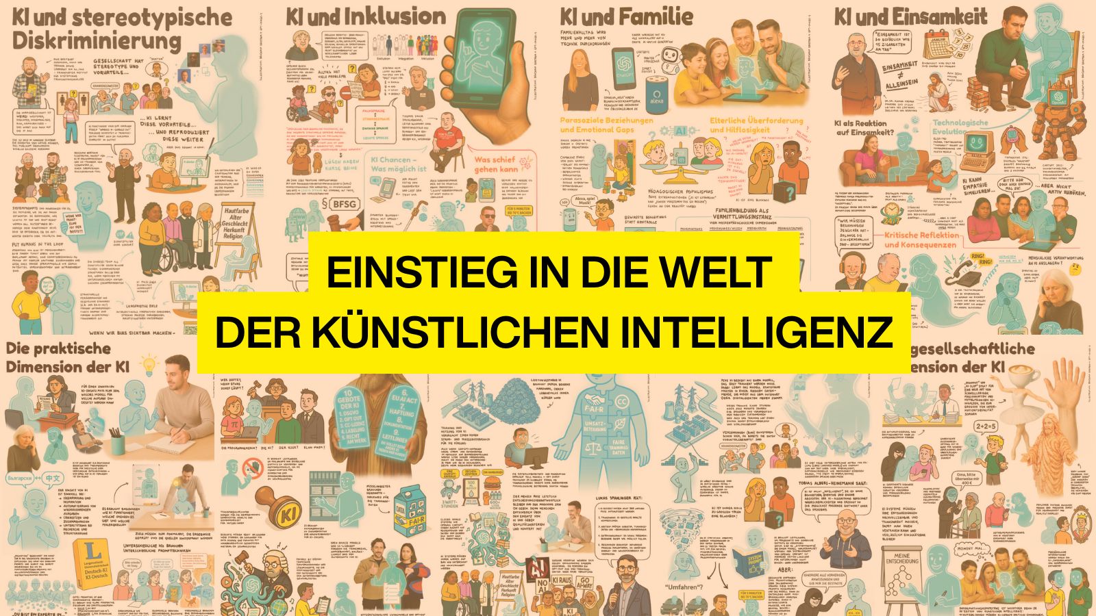 Infografik mit Comic-Illustrationen zum Thema „Einstieg in die Welt der künstlichen Intelligenz“ – verschiedene Aspekte und Anwendungen werden visualisiert.