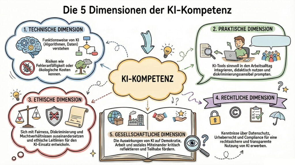 Infografik zu den 5 Dimensionen der KI-Kompetenz: technische, praktische, ethische, rechtliche und gesellschaftliche Aspekte mit kurzen Erklärungen und Symbolen.