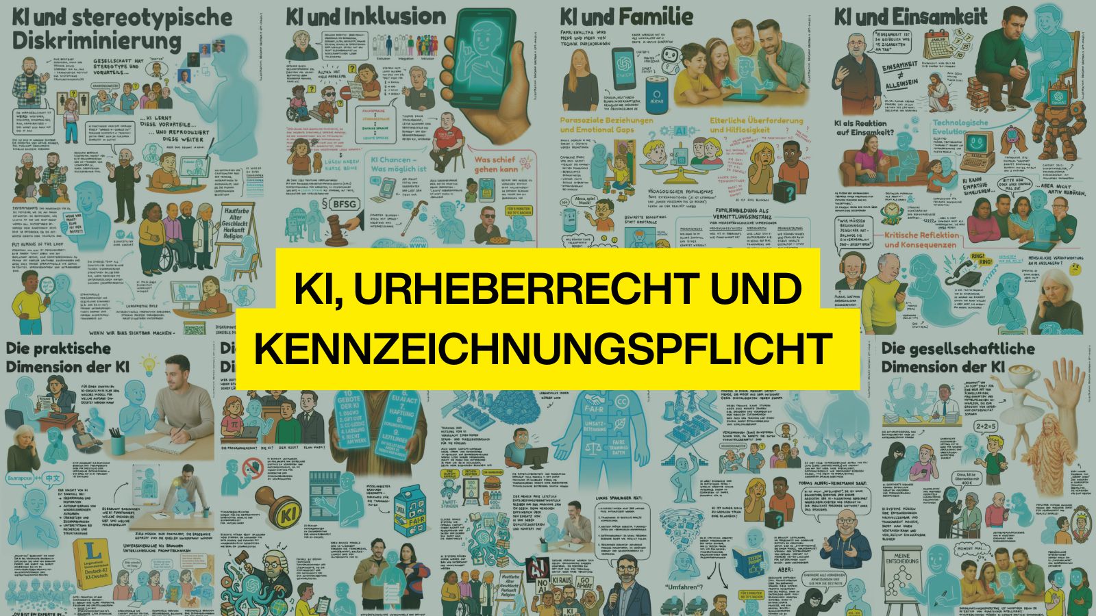 Infografik mit Comic-Illustrationen zum Thema „KI, Urheberrecht und Kennzeichnungspflicht“ – rechtliche und ethische Aspekte werden dargestellt.