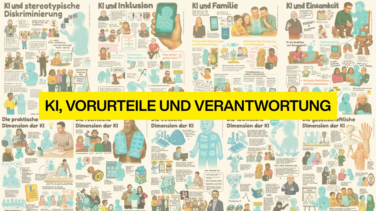 Infografik mit Comic-Illustrationen zum Thema „KI, Vorurteile und Verantwortung“ – verschiedene Dimensionen und Herausforderungen werden visualisiert.