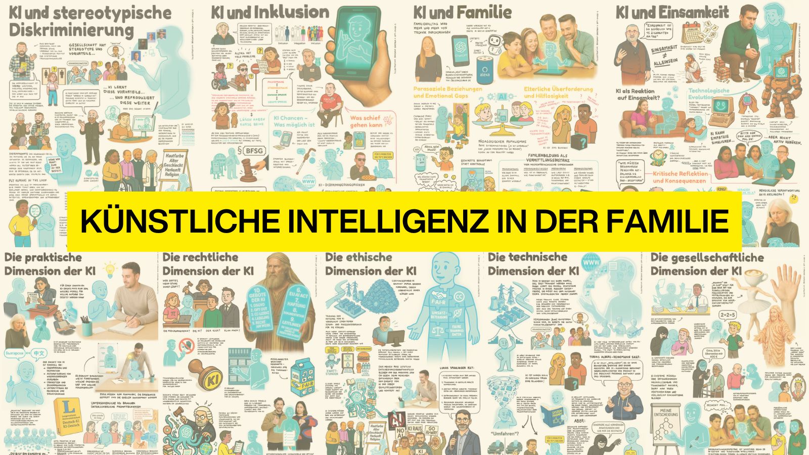 Infografik mit Comic-Illustrationen zum Thema „Künstliche Intelligenz in der Familie“ – Anwendungen und Auswirkungen werden visualisiert.
