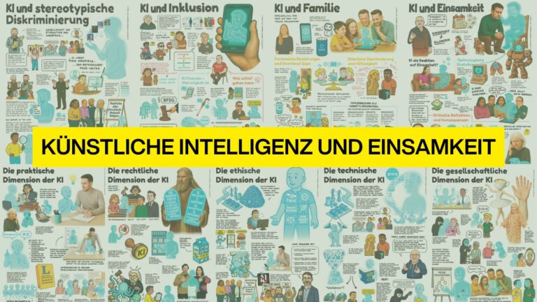 Infografik mit Comic-Illustrationen zum Thema „Künstliche Intelligenz und Einsamkeit“ – Auswirkungen und mögliche Lösungen werden dargestellt.