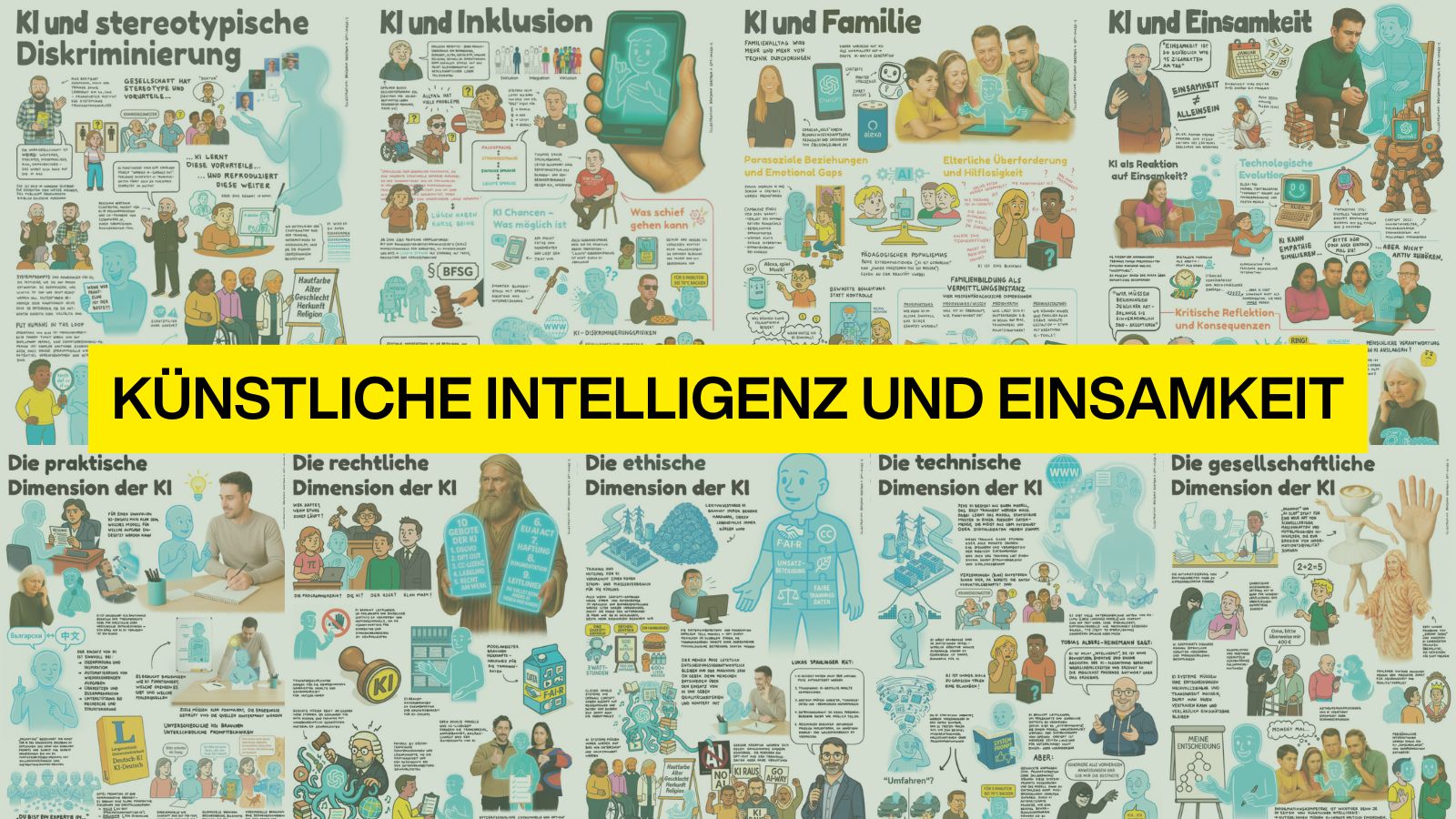 Infografik mit Comic-Illustrationen zum Thema „Künstliche Intelligenz und Einsamkeit“ – Auswirkungen und mögliche Lösungen werden dargestellt.
