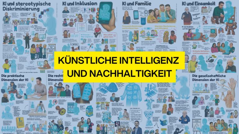 Infografik mit Comic-Illustrationen zum Thema „Künstliche Intelligenz und Nachhaltigkeit“ – Chancen und Herausforderungen werden dargestellt.