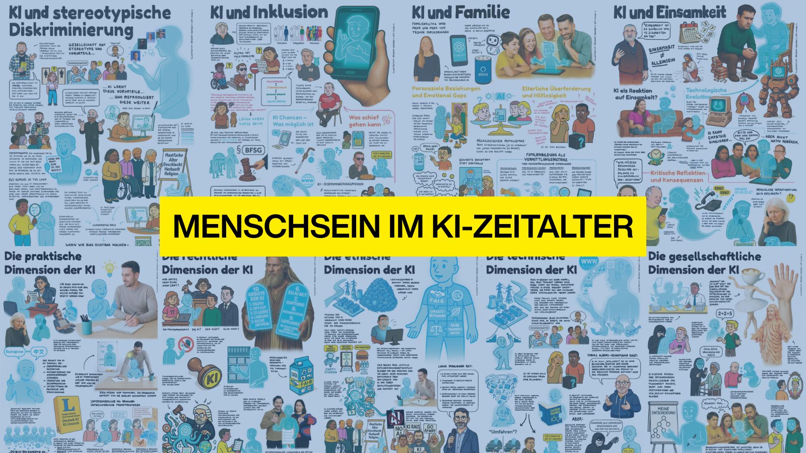 Infografik mit Comic-Illustrationen zum Thema „Menschsein im KI-Zeitalter“ – Auswirkungen und Reflexionen werden visualisiert.