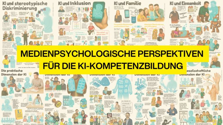 Infografik mit Comic-Illustrationen zum Thema „Medienpsychologische Perspektiven für die KI-Kompetenzbildung“ – psychologische Aspekte und Lernansätze werden dargestellt.