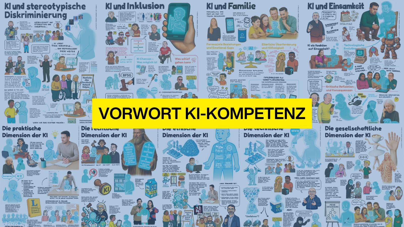 Infografik mit Comic-Illustrationen zum Thema „Vorwort KI-Kompetenz“ – Einführung und Bedeutung von KI-Kompetenz werden dargestellt.