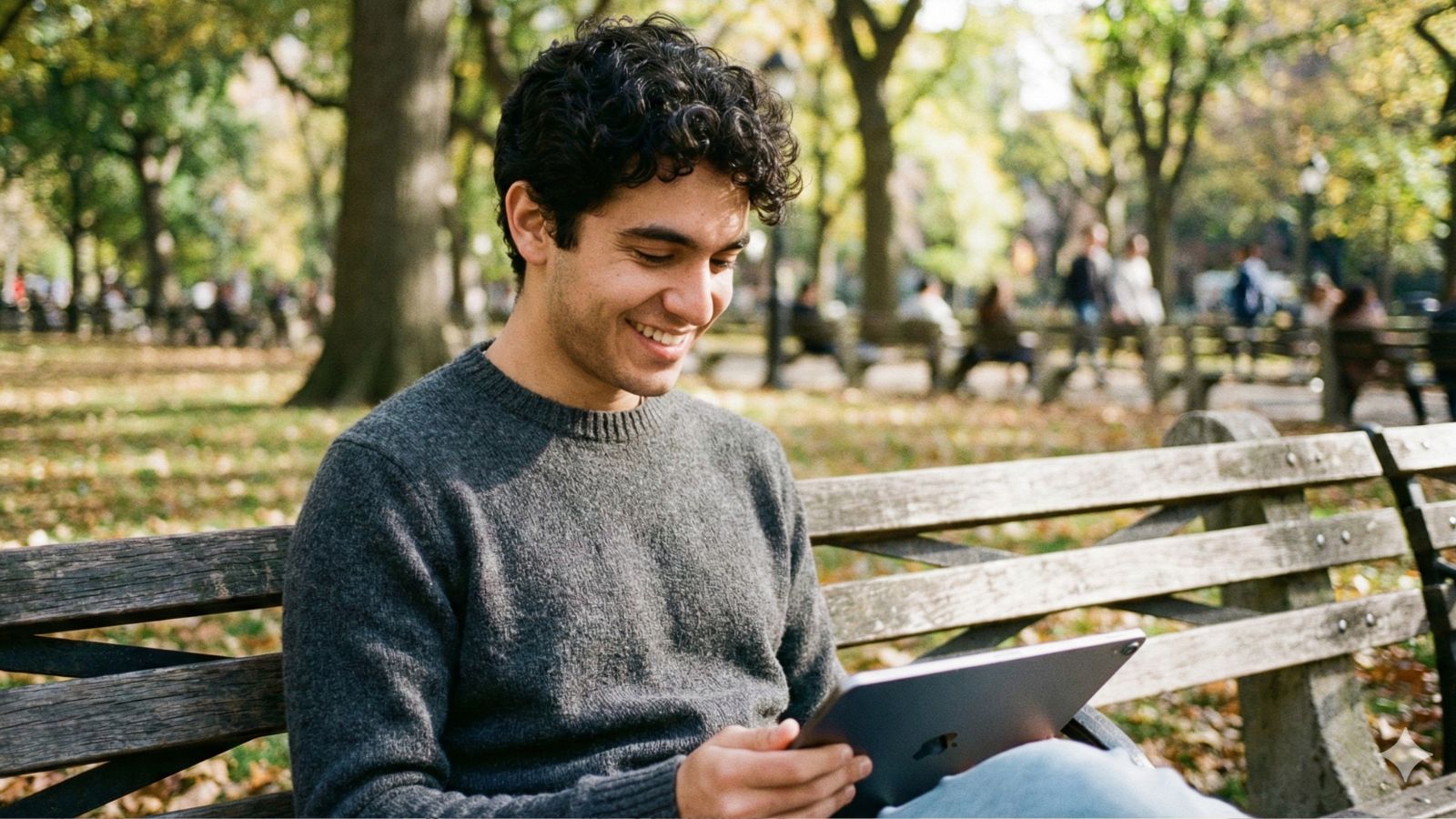 Eine lächelnde Person sitzt auf einer Parkbank im Freien und hält ein Tablet in den Händen, während im Hintergrund ein herbstlicher Park mit Bäumen und spazierenden Menschen zu sehen ist.