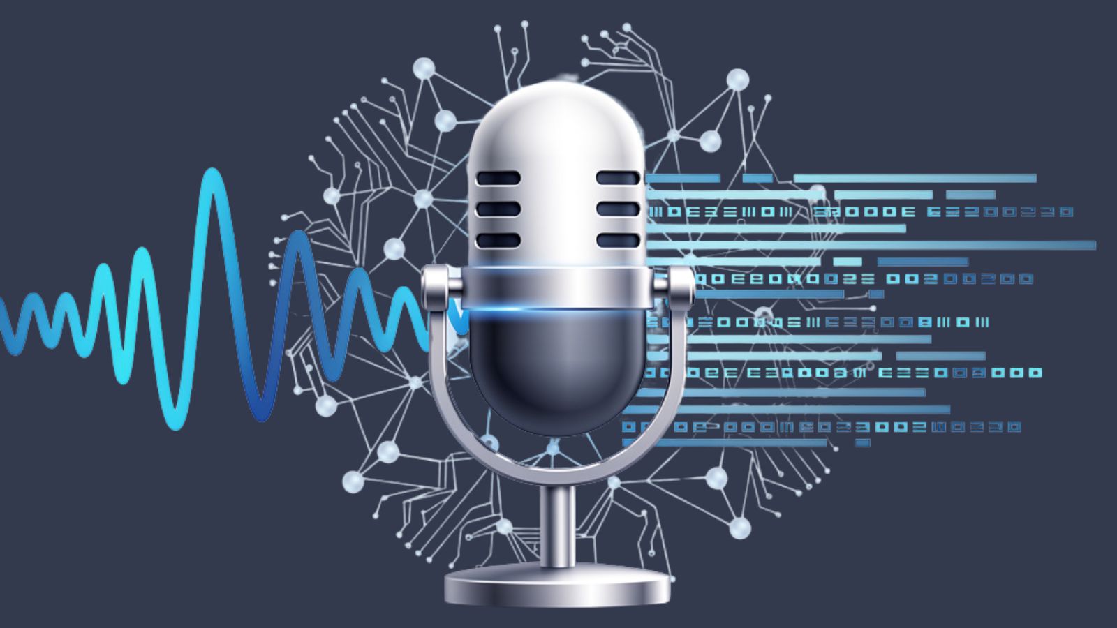 Ein stilisiertes Mikrofon mit Schallwellen und digitalen Netzwerkstrukturen im Hintergrund, symbolisiert digitale Audiokommunikation oder Podcasting.