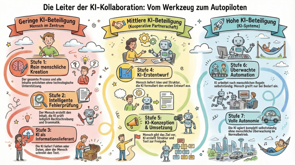 Infografik „Die Leiter der KI-Kollaboration: Vom Werkzeug zum Autopiloten“ mit sieben Stufen – von rein menschlicher Kreation bis zur vollen Autonomie der KI, unterteilt in geringe, mittlere und hohe KI-Beteiligung.