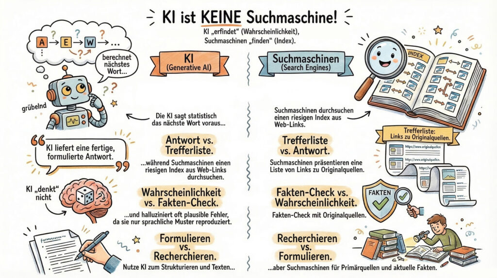 KI-Suchmaschine Illustration, die den Unterschied zwischen KI (Generative AI) und Suchmaschinen erklärt: KI formuliert fertige Antworten und denkt statistisch das nächste Wort voraus, während Suchmaschinen Trefferlisten aus Web-Links präsentieren und Originalquellen für Fakten-Checks nutzen.