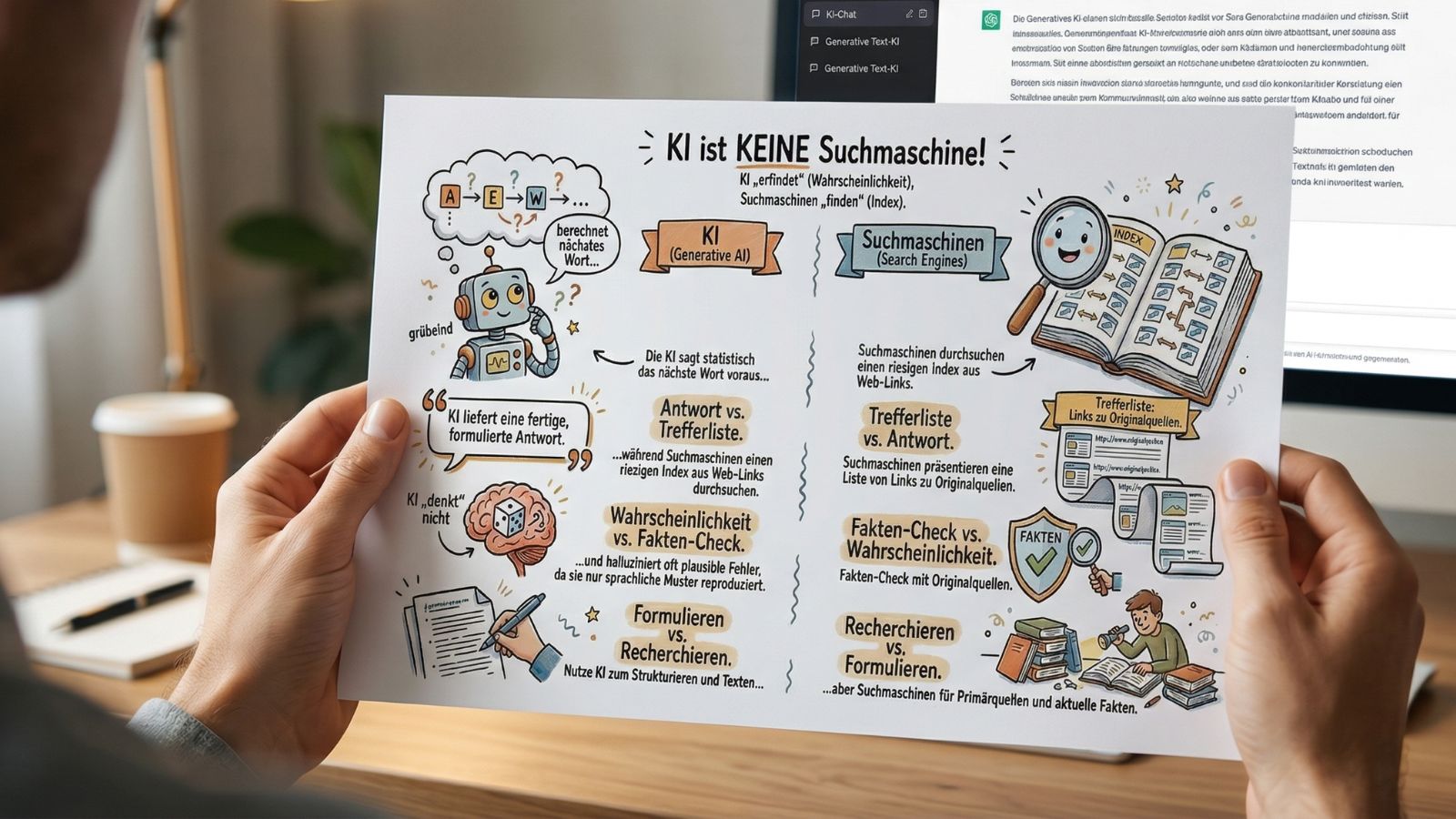 Person hält ein Blatt Papier mit einer Illustration, die den Unterschied zwischen KI (Generative AI) und Suchmaschinen erklärt: KI liefert fertige Antworten durch Wahrscheinlichkeitsberechnung, Suchmaschinen präsentieren Trefferlisten und ermöglichen Fakten-Checks durch Originalquellen.