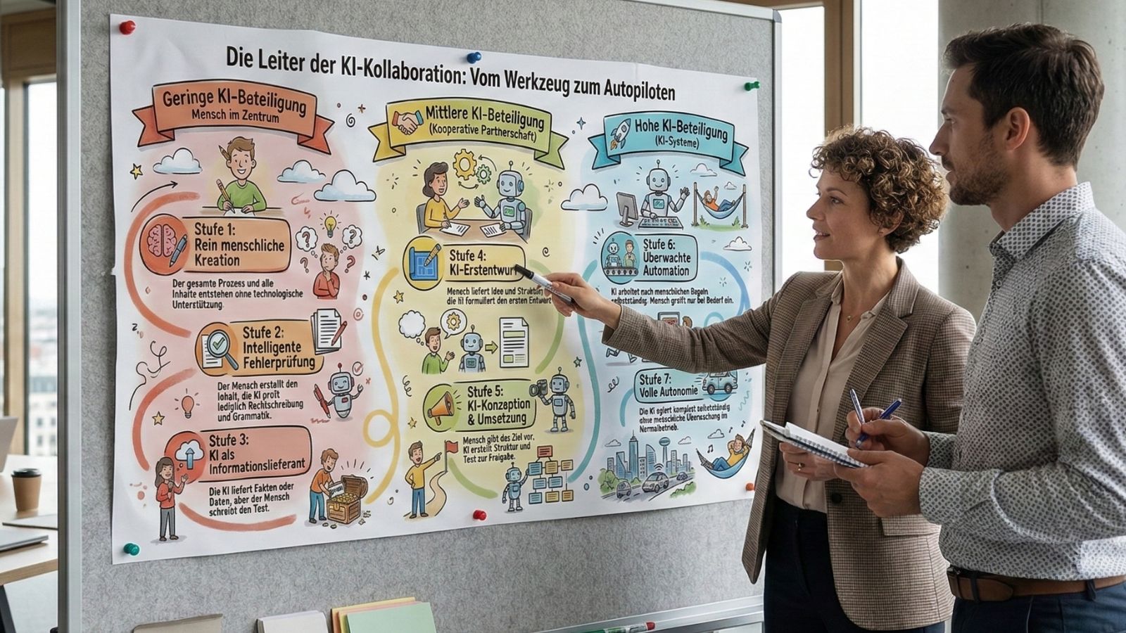 Zwei Personen besprechen ein Poster mit dem Titel „Die Leiter der KI-Kollaboration: Vom Werkzeug zum Autopiloten“, das sieben Stufen der KI-Beteiligung zeigt – von rein menschlicher Kreation bis zur vollen Autonomie der KI.