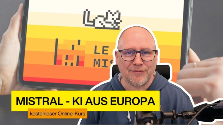 Porträt einer Person mit Mikrofon vor einem Tablet mit dem Logo „Le Chat Mistral“ und dem Titel „Mistral - KI aus Europa"
