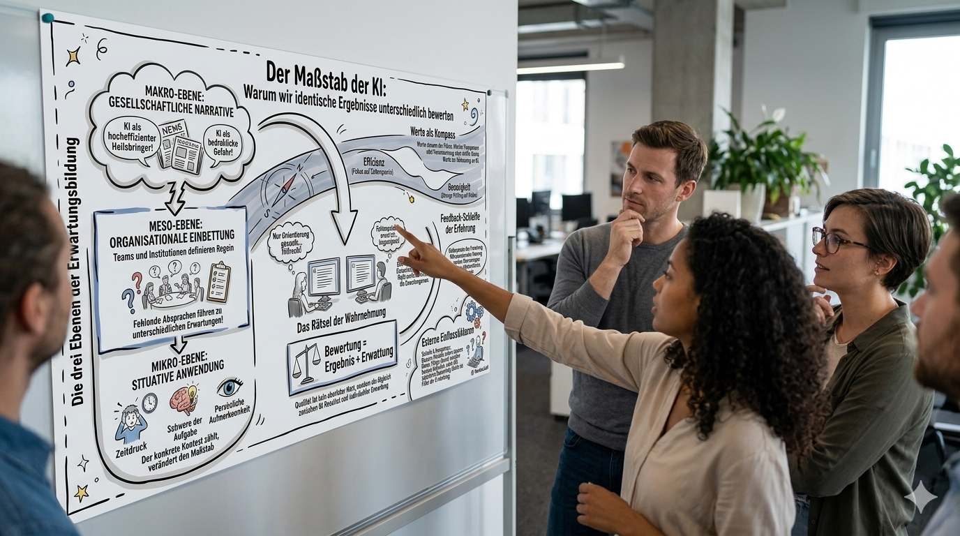 Fünf Kollegen stehen in einem modernen Büro um eine Stellwand herum. Sie betrachten gemeinsam ein großes Poster, auf dem eine Infografik zum Thema "Der Maßstab der KI: Warum wir identische Ergebnisse unterschiedlich bewerten" zu sehen ist. Eine Frau im Vordergrund zeigt auf einen bestimmten Punkt auf der Grafik und erklärt etwas.