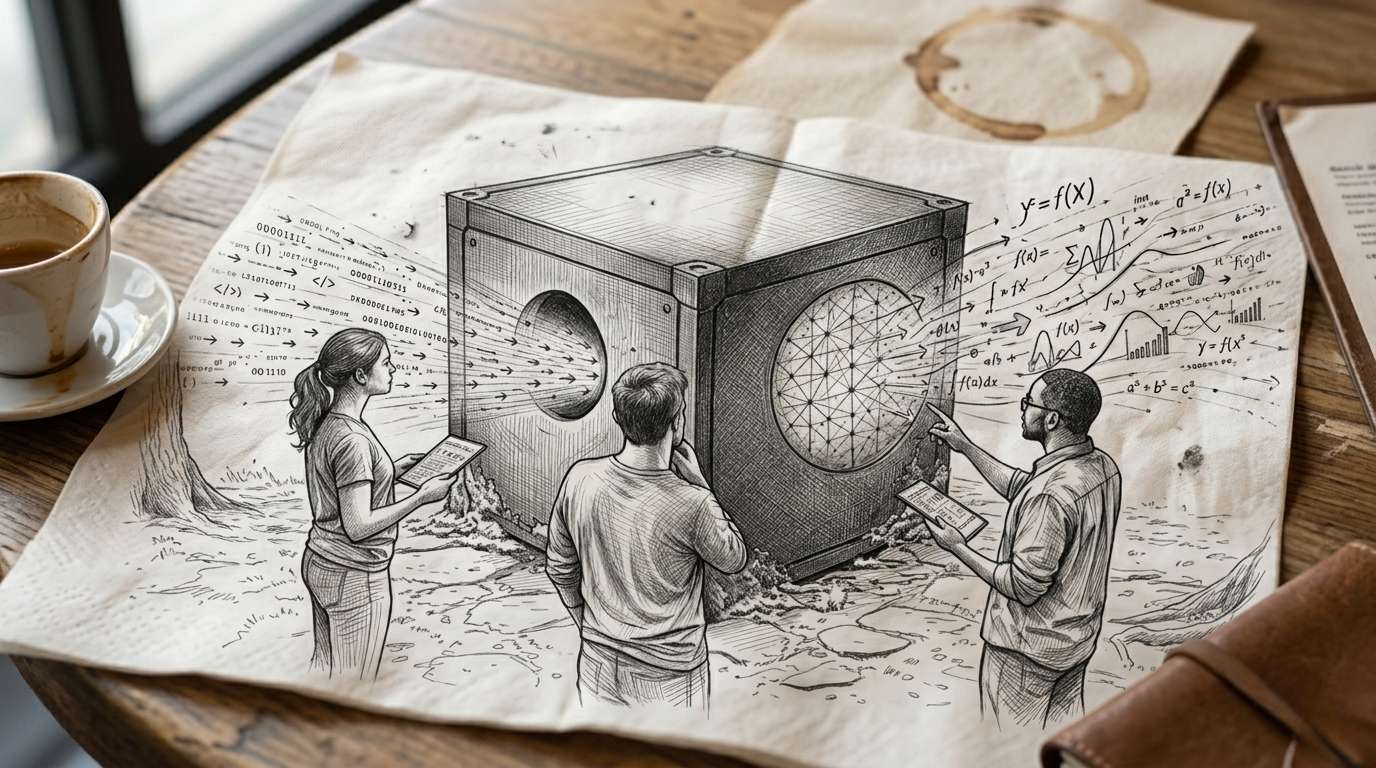 Auf dem Tisch liegt eine Zeichnung neben einer Tasse Kaffee. Drei Personen stehen vor einer großen, würfelförmigen Maschine. Die Personen schauen genau hin und nutzen Geräte wie Tablets. Die Maschine wirkt kompliziert und ist von vielen mathematischen Zeichen umgeben. Das Bild zeigt, wie Menschen versuchen, eine schwierige Technik zu verstehen.