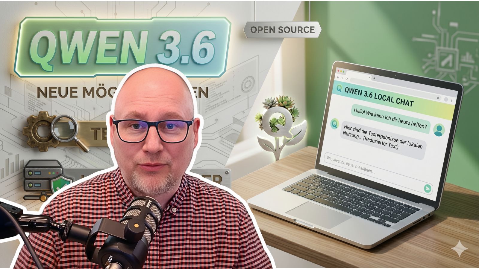 Ein Mann mit Brille und Mikrofon vor einem Laptop mit dem Bildschirm „QWEN 3.6 LOCAL CHAT“; im Hintergrund steht groß „QWEN 3.6 – NEUE MÖGLICHKEITEN“ und „OPEN SOURCE“.