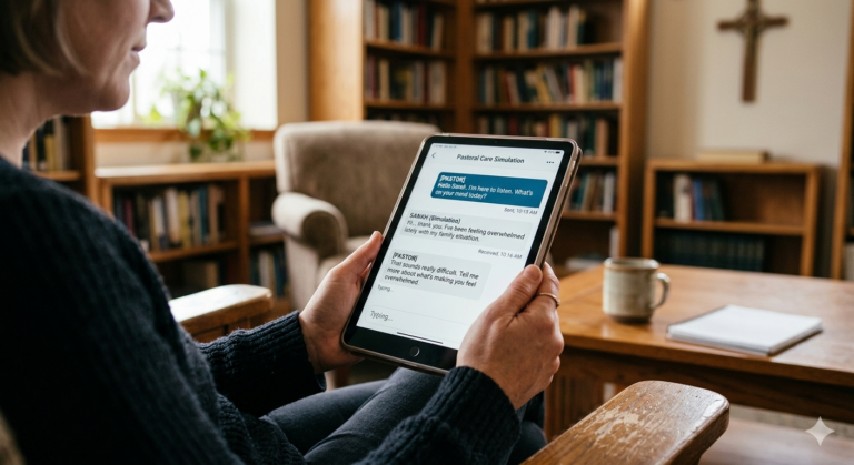 Person hält ein Tablet mit einem simulierten Seelsorge-Chat in einem Raum mit Bücherregalen und Kreuz an der Wand.