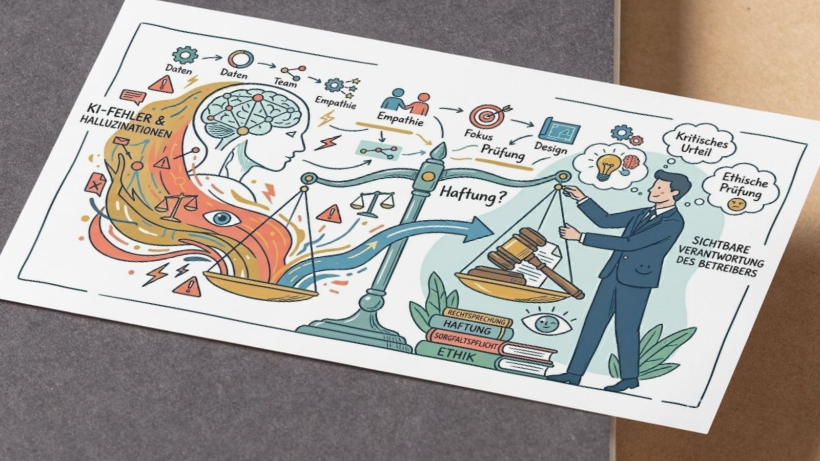 Waage mit KI-Fehlern und Halluzinationen auf der linken Seite und ethischer Verantwortung des Betreibers auf der rechten Seite, inklusive Symbole für Daten, Team, Empathie, Fokus, Prüfung, Design, kritisches Urteil und Ethik.