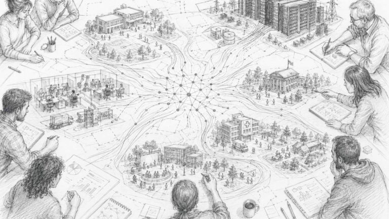 Menschen gestalten gemeinsam einen Stadtplan, in dessen Mitte ein KI-Netzwerk Bildung, Arbeit, Gesundheit, Verwaltung und Rechenzentren verbindet.