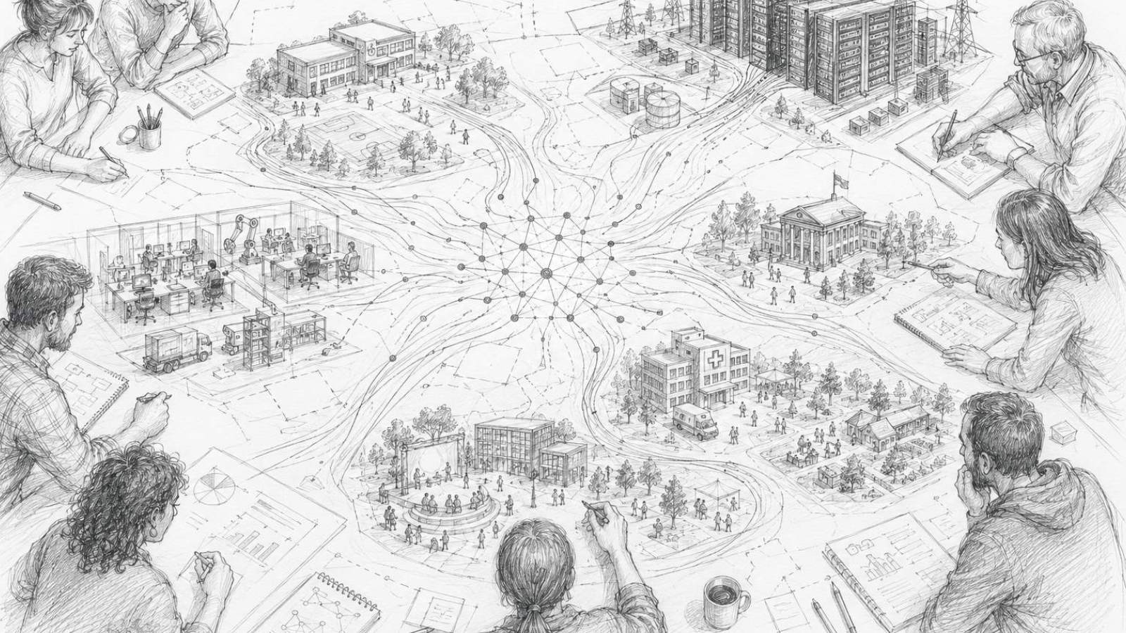 Menschen gestalten gemeinsam einen Stadtplan, in dessen Mitte ein KI-Netzwerk Bildung, Arbeit, Gesundheit, Verwaltung und Rechenzentren verbindet.