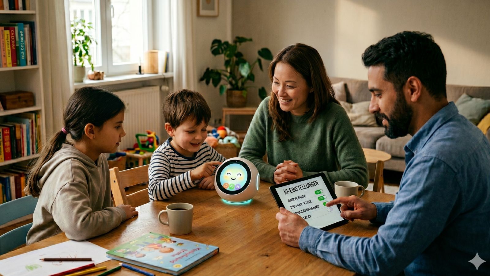Eine Familie mit zwei Kindern sitzt an einem Holztisch und interagiert mit einem runden, freundlichen Roboter und einem Tablet mit KI-Einstellungen (KI generiert).