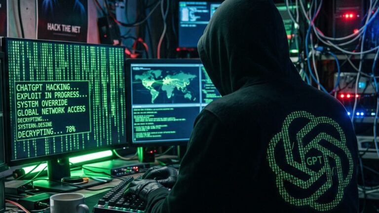 Hacker im schwarzen Hood sitzt vor Monitor mit Kodezeile.