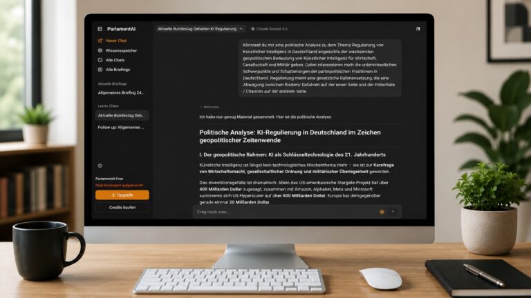 Moderner Arbeitsplatz mit großem Bildschirm. Auf dem Bildschirm ist ParlamentAI zu sehen. Die Anwendung nutzt Künstliche Intelligenz und zeigt eine Analyse zu Regeln für Künstliche Intelligenz in Deutschland.