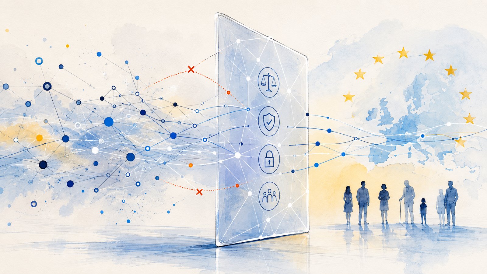 Das Bild zeigt ein digitales Netzwerk mit vielen verbundenen Datenpunkten. In der Mitte steht eine transparente digitale Oberfläche mit Symbolen für Recht, Schutz, Verschlüsselung und Nutzergruppen. Datenverbindungen führen von links durch diese Oberfläche nach rechts zu einer Europakarte. Unter der Karte stehen mehrere Personen.