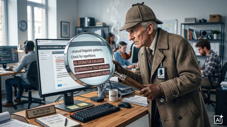 Detektiv sucht mit großer Lupe nach KI in einem Text